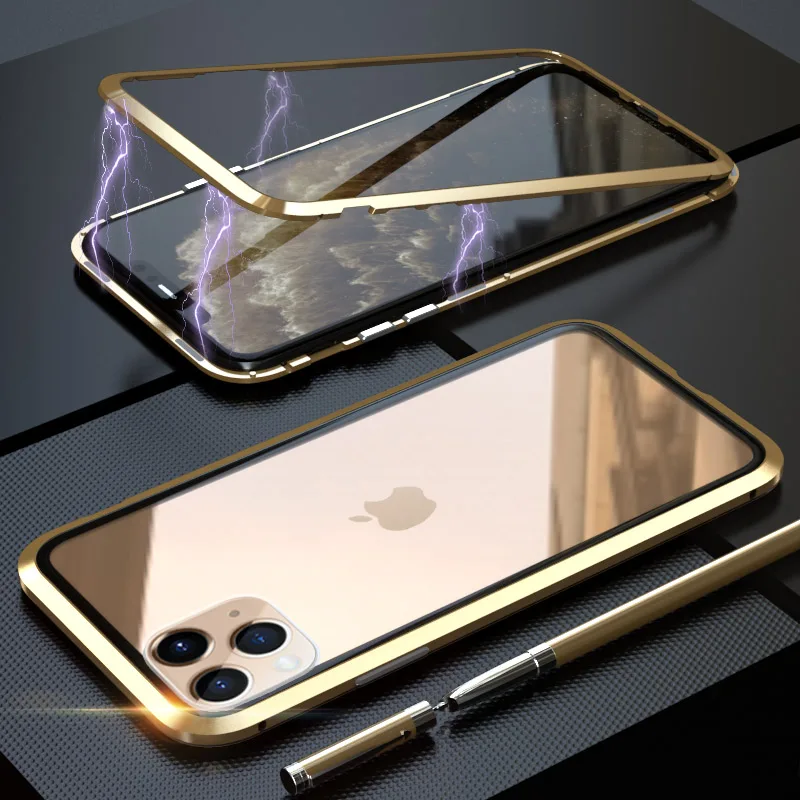 Магнитный адсорбционный чехол для телефона iPhone 11 Pro Max, чехол с магнитом для iPhone 11 Pro Max, чехол, чехлы из металла, Bumber Coque - Цвет: Gold