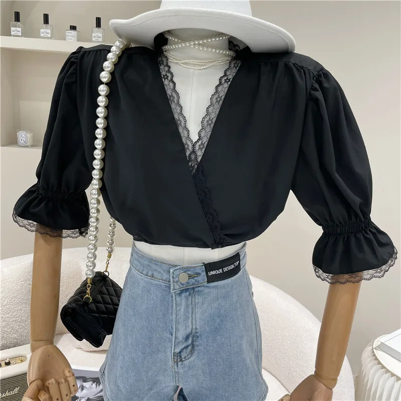 

NewWomen's clothing Spring Summer 2021 Fashion Temperament short sleeve shirt Lace Bubble Sleeve short Top