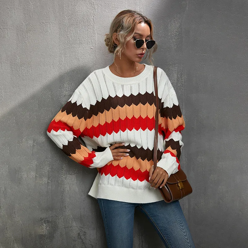 

Stripped Print Baggy Autumn Knitted Sweaters Casual Streetwear Loose Color Block Pullovers Long Sleeve Women Jumpers Winter