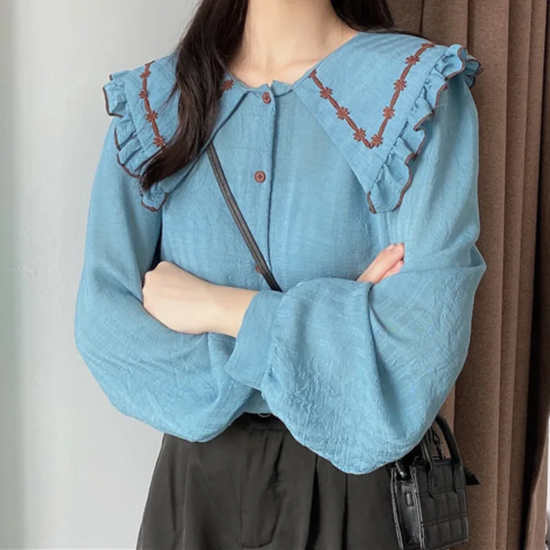 

Design Sense Niche Shirt Women's Spring and Autumn 2021 New French Temperament Doll Neck Sweet Loose Long Sleeve Shirt