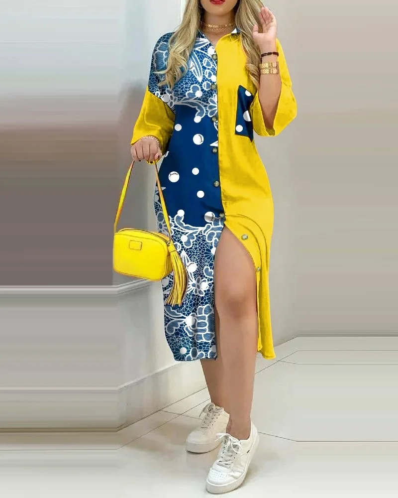 

Casual Home Street Commuter Plus Size Dress Women Dress Fashion Color Matching Slim Short-Sleeved Shirt Dress