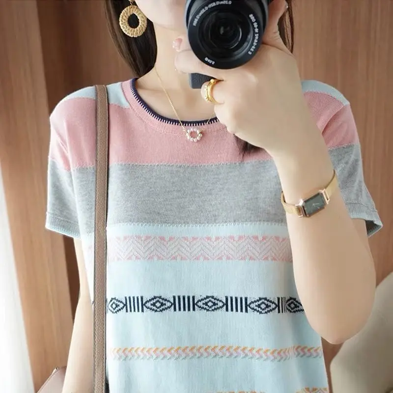 

Summer cotton stripe short sleeve T-shirt women's 2021 new large color contrast Rainbow Stripe T-shirt slim top