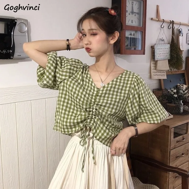 Women Blouses V-neck Short-sleeve Summer Pleated Lace-up Plaid Sweet All-match Girls Ulzzang Tops Shirts Leisure Elegant Chic