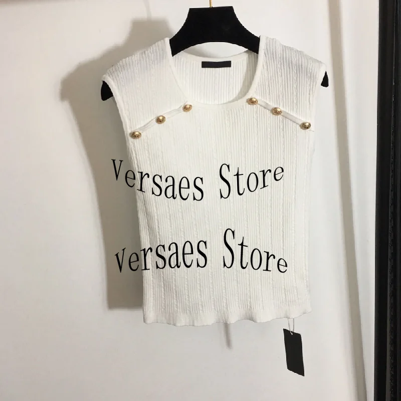 

21 luxury design gold button decoration fashion women's sleeveless top temperament versatile knitted vest suspender short sleeve