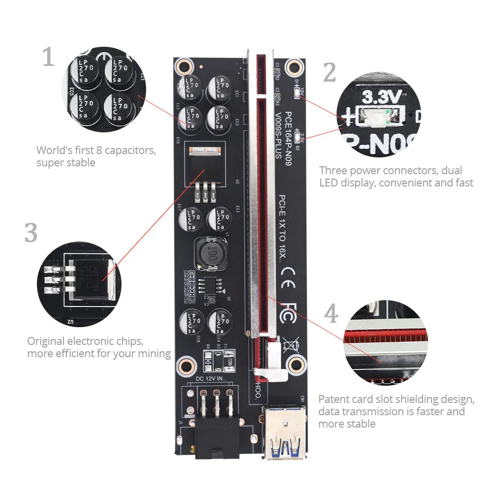 10 шт. TISHRIC VER009S GPU PCIE/PCI-E Райзер 009S Plus карта PCI E X16 Express 6Pin на SATA 1X 16X USB3.0 светодиодный