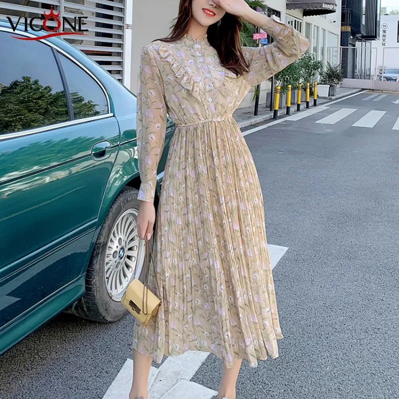 Женское платье-миди с длинным рукавом и оборками | Женская одежда