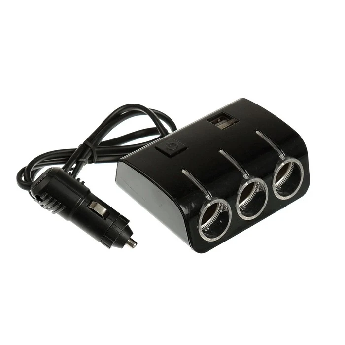 Разветвитель прикуривателя 3 гнезда с подсветкой 2 USB 12/24 В провод 70 см - купить по
