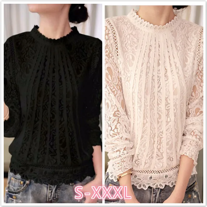 2022 Fashion High Neck Lace Floral Casual Winter Ladies Loose Bottom Tops Female Women Long Sleeve Tee Shirt Pullover