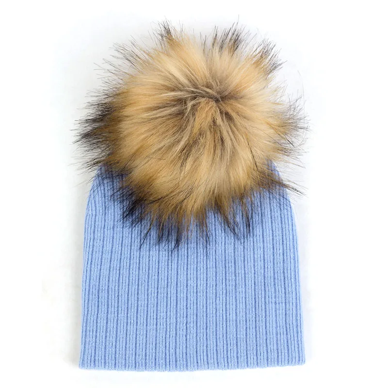Light Blue16 Geebro/осенне-зимняя Толстая теплая шапка для младенца вязаный в рубчик, хлопковая однотонная детская шапка с помпоном для мальчиков и девочек, детские шапки, детская шапочка - Цвет: Light Blue16