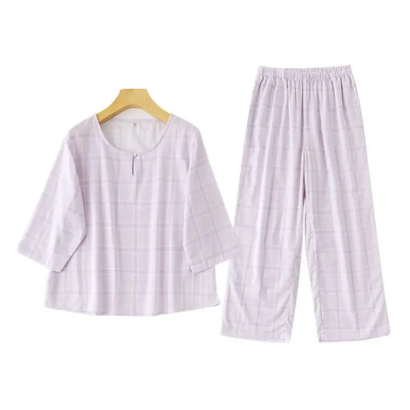 

Sweet Pure Cotton Round-Neck Girl Students Plaid Sleepwear Spring Three Quarter Sleeve Simple Pajamas Sets Home Wear For Women
