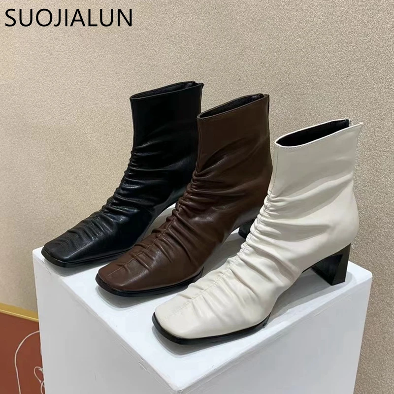 

SUOJIALUN 2021 New Women Ankle Boots Fashion Pleated Square Toe Ladies Casual Short Boot Zipper Female Winter Chelsea Shoes
