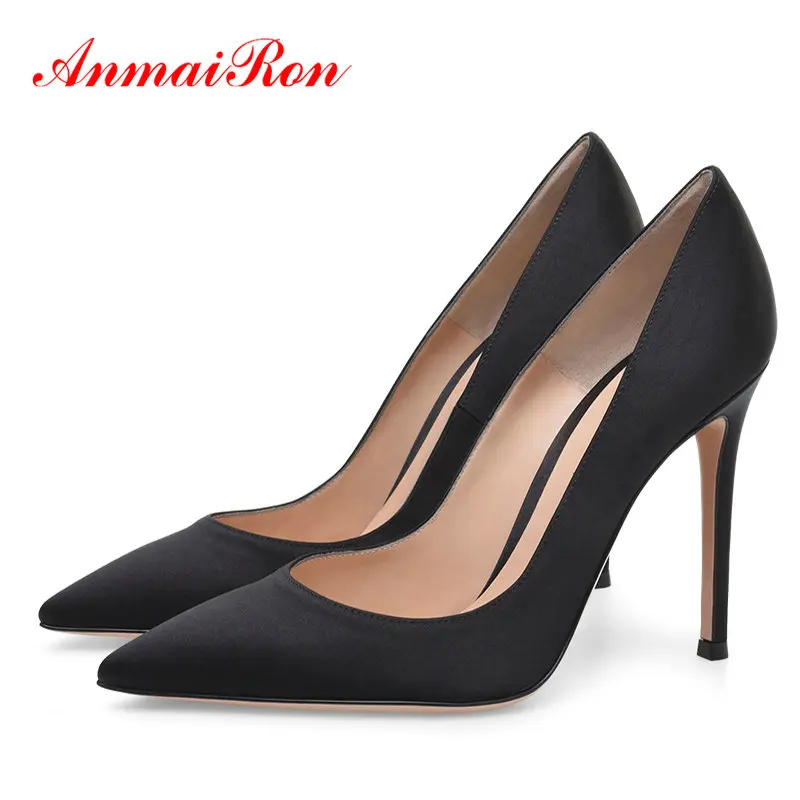 

ANMAIRON Slip-On Wedding Shoes Spring/Autumn Elegant Basic Thin Heels Pointed Toe Silk High Heel Shoes Sexy Women Pumps 34-43