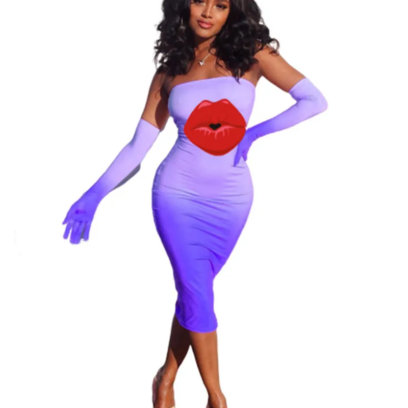 

2020 New Women Sexy Lip Print Dress Strapless Sleeveless Bodycon Dresses