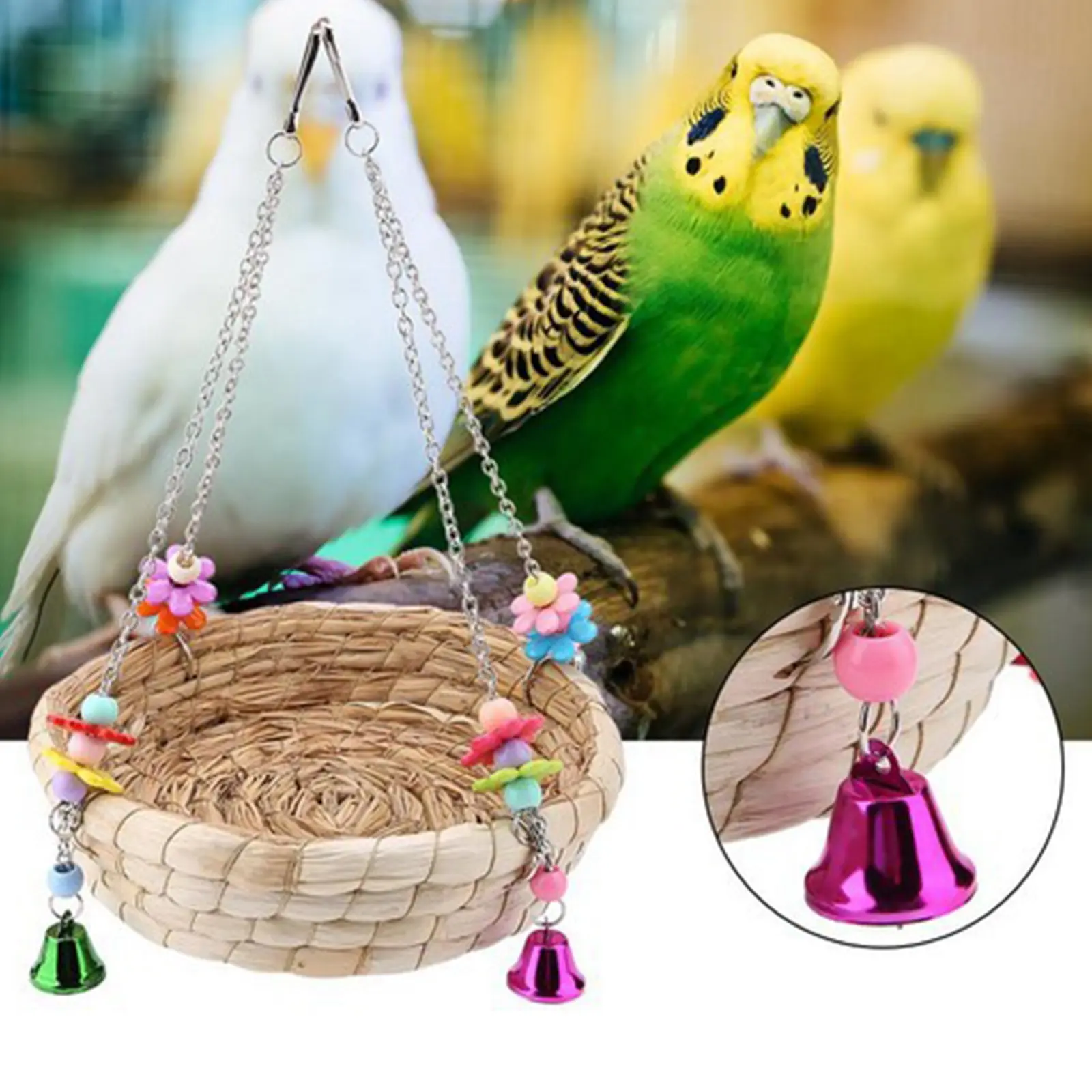 Попугай окунь с колокольчиком птица игрушка соломенная висячая корзина клетка