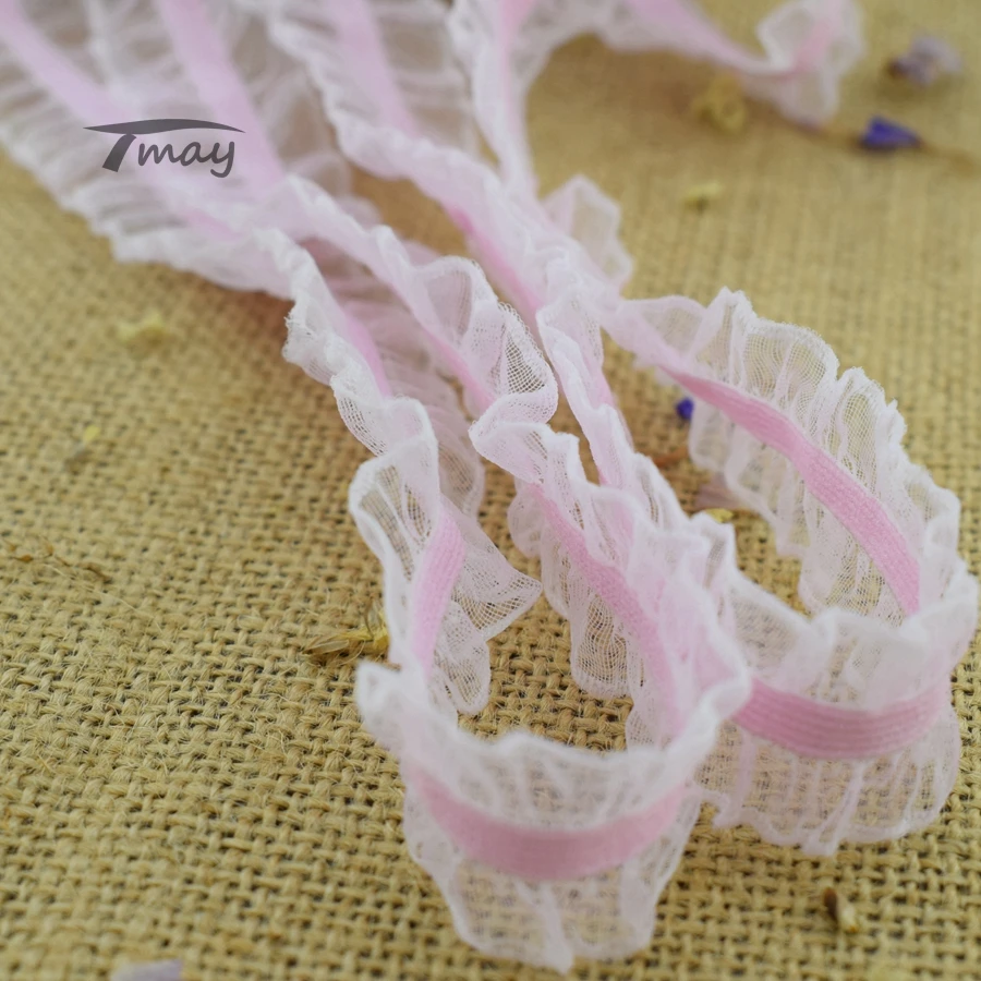 Кружевные эластичные ленты #295 из розовой органзы с оборками Ширина 25 мм (1 дюйм) 6