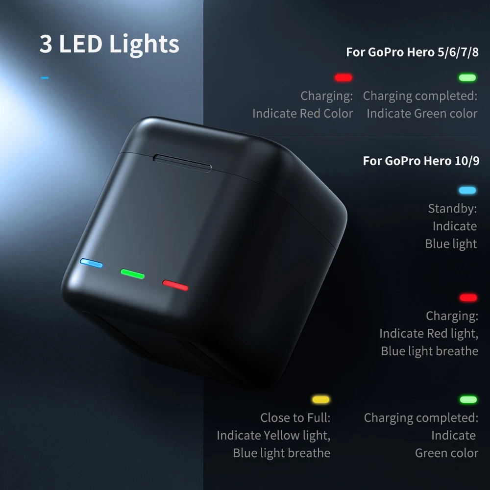 TELESIN Battery for GoPro Hero 10 9 8 7 6 5 3 Ways LED Light Charger TF Card Storage For Black | Электроника