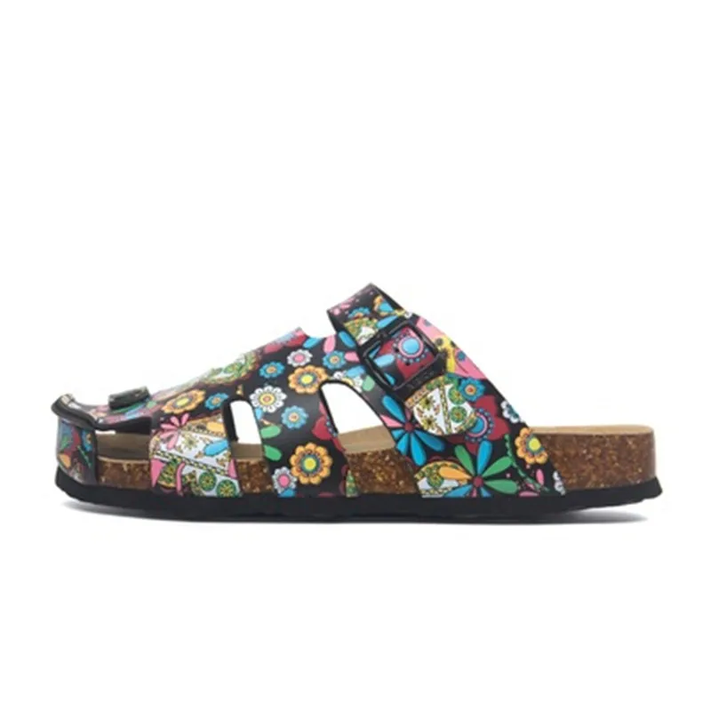 Тапки женские кожаные с принтом повседневные пляжные шлепанцы из пробки на