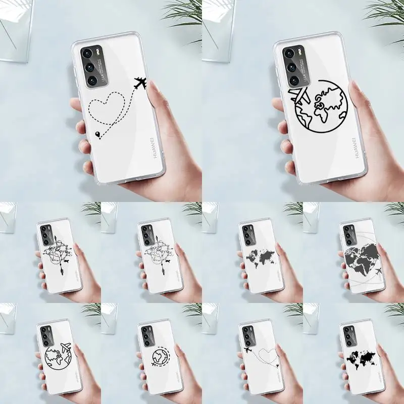 

Black line airplane world map Phone Case Transparent For Huawei 8 7 6 5 4 3 2 pro SE i E Soft TPU Clear Mobile Bags Coque