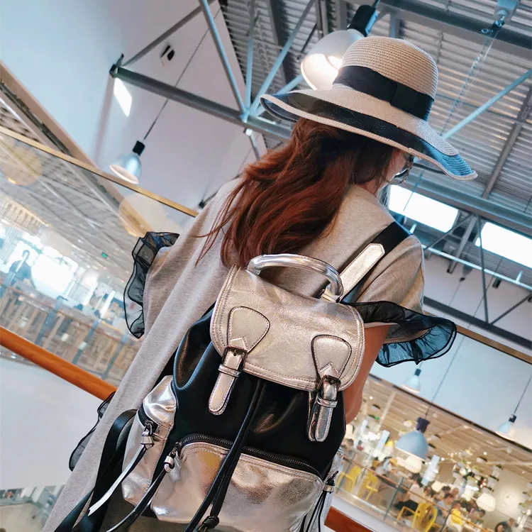 

Contrast color backpack ladies bag personality wild soft leather backpack casual fashion travel on new women's bags