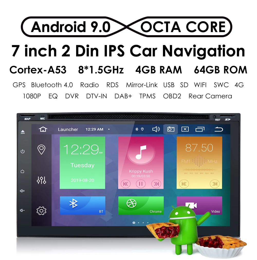 Android9.0 OctaCore 4 грамма+ 64 гром Автомобильный DVD Радио 2din универсальный gps Навигация стерео аудио HD 4GWIFI Bluetooth SWC BT CAM DVBT CD