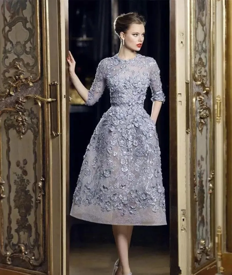 

Tea Length Formal Celebrity Dresses A-line Half Sleeves Lace Flowers Sexy Long Evening Dresses Famous Red Carpet Dresses