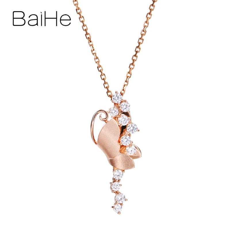 

BAIHE Solid 14K Rose Gold Total 0.38ct H/SI Natural Diamonds Trendy Gift Wedding Fine Jewelry beautiful butterfly Gift Pendant