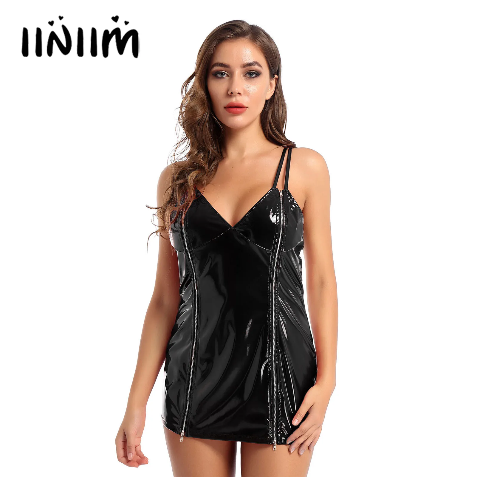 

Женское эротическое сексуальное женское белье, платье из лакированной кожи с глубоким v-образным вырезом и низкой спинкой, облегающее мини-...