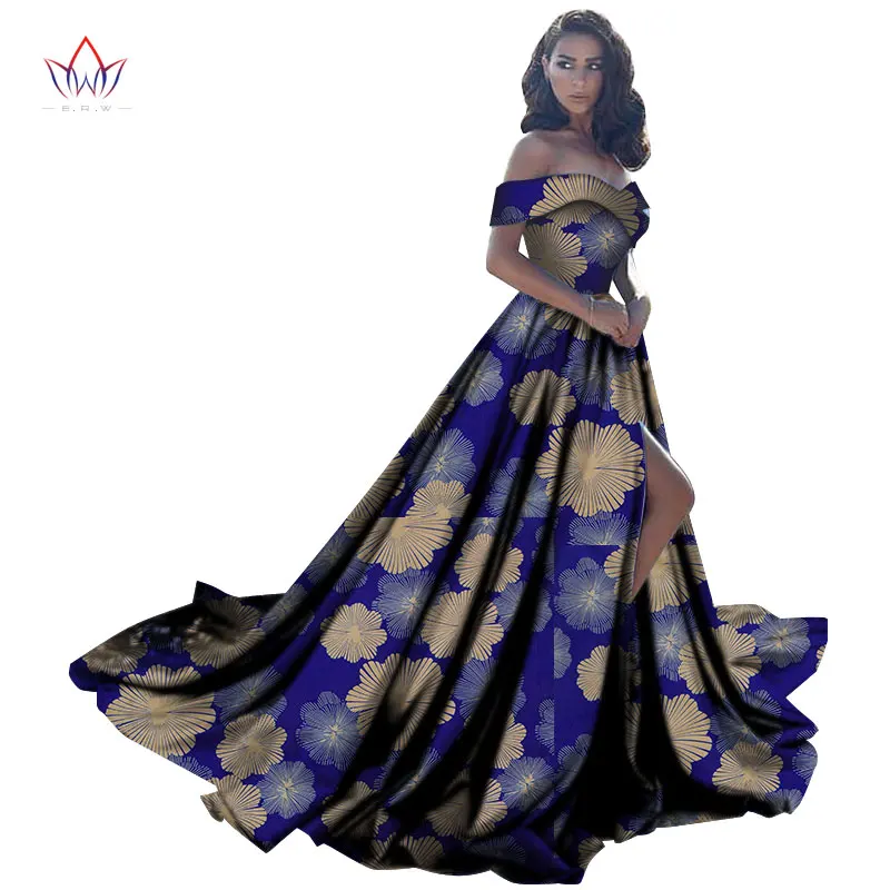 Bintarealwax Summer African Dresses for Women Bazin Off shoulder Party Dress Dashiki  Elegant Long Dress for Female WY2734