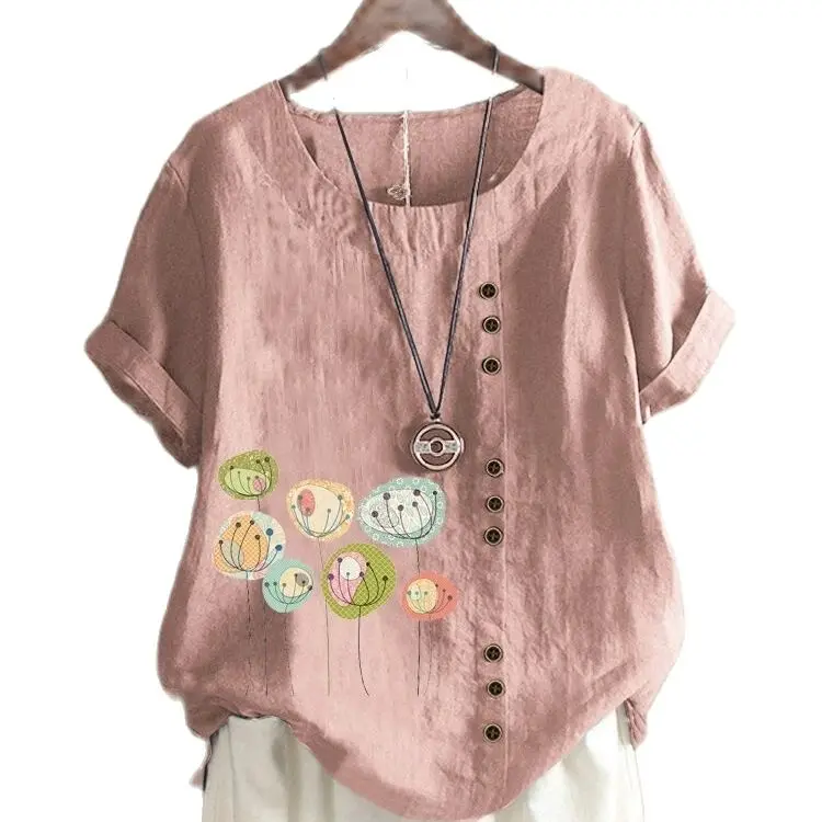 

Women t Shirt Cotton Print Short Sleeve O Neck Retro Button Top Tees Summer Women Fashion Tops Loose t Shirt Girls Top