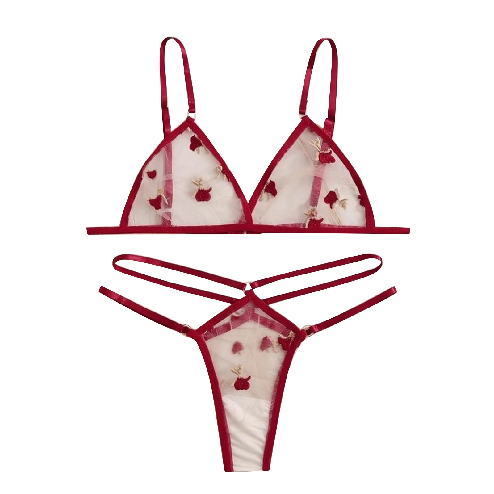 

2021 New Arrival Women's Underwear Two Piece Set Flower Embroidery Mesh Hollowing Out Transparent Bra Pantie Suit for Female