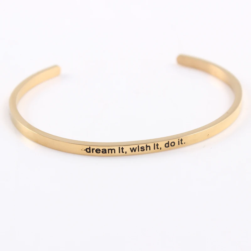 

2021 Hot Gold Color 316L Stainless Steel Engraved Positive Inspirational Quote Cuff Bracelet Mantra Bracelet Bangle for Women