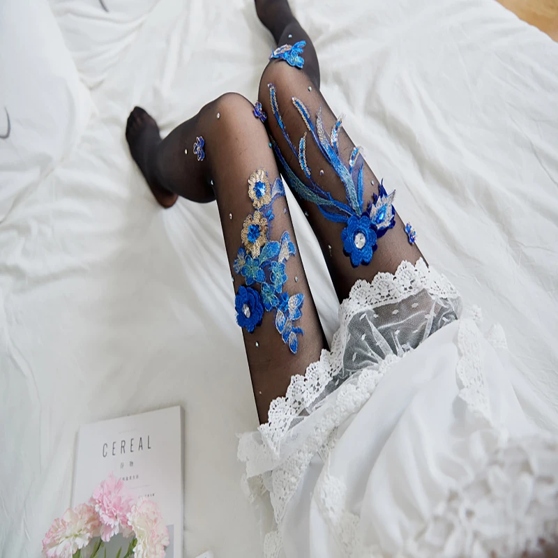 

Sexy Women's Stockings Charming Blue Flower Bed Embroidery Design Women's Tights High Waist Elastic Transparent Women's Lingerie
