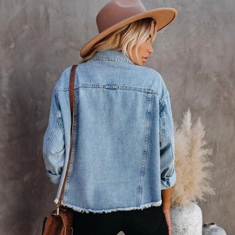 

2021 Spring Autumn Loose Street Hipster Women Denim Jacket Burrs Long Sleeve Short Denim Coat For Women Jeans Plus Size Outwear
