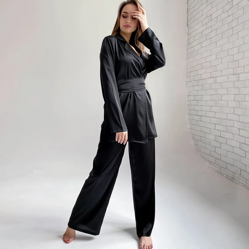 

Black Sexy Women's 2PCS Pajama Sets Spring Autumn Satin Pyjama Casual Sleepwear Full Sleeve Pant Home Wear Simplicity Nightwear