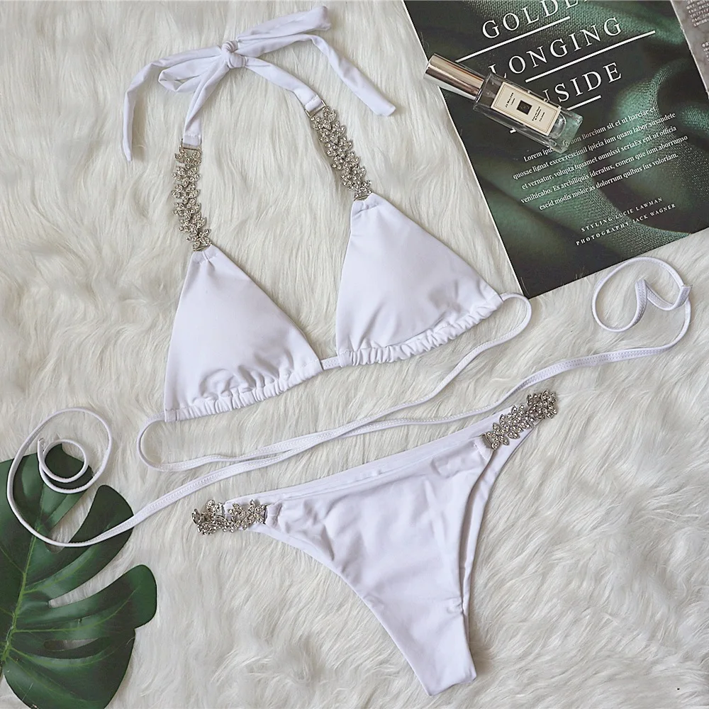

2021 Crystal Rhinestone Bikini Female Bandeau Swimsuit Women Halter Swimwear Two-pieces Bikini set Diamond Push up Bathing Suit