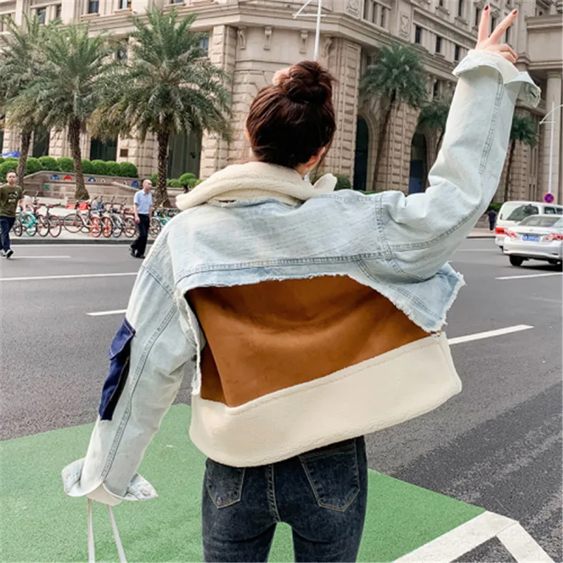 Стильное пальто из джинсовой ткани в стиле пэчворк овечьей шерсти Женская