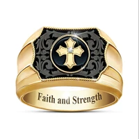 2022ring male korean fashion gothic accessories18k yellow gold simulation black agate cross belief and power mens ring jewelry
