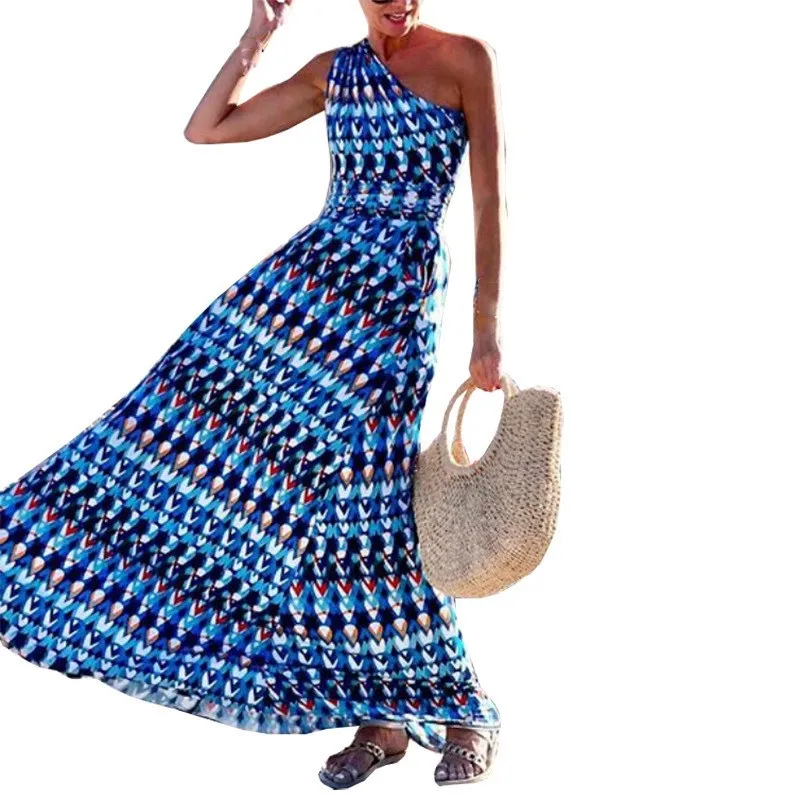 Женское платье макси с принтом в богемном стиле летнее Бандажное без рукавов на