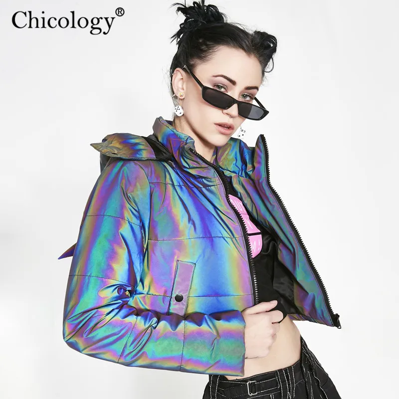 Chicology devil с капюшоном Светоотражающая отражающий хлопок хлопковое Стеганое теплое теплые парки женское укороченная куртка зимнее пальто с длинным рукавом Лонгслив верхняя одежда на молнии