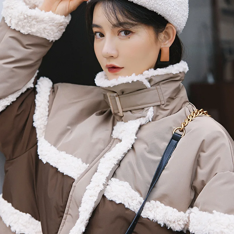 

ZURICHOUSE Brand Winter Jacket Women Warm Fur Collar Puffer Parka 2021 Fashion Hit Color Spliced Design Lambswool Coat Female