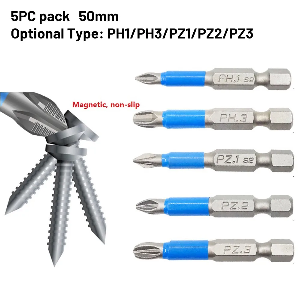 

5pcs 1/4" Hex Shank Screwdriver Bit Insulated Non-slip Cross Head Power Tool 50mm PH1/PH3/PZ1/PZ2/PZ3 Electric Screwdriver Bit