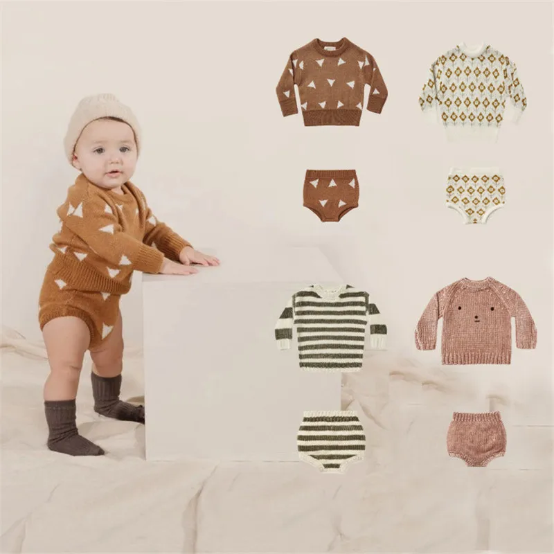 

RC Children Knitted Sweater Shorts Fall/Winter Set Toddler Boys Girls Baby Round Neck Knit Tops Boy Winter Jumpers and Bloomers