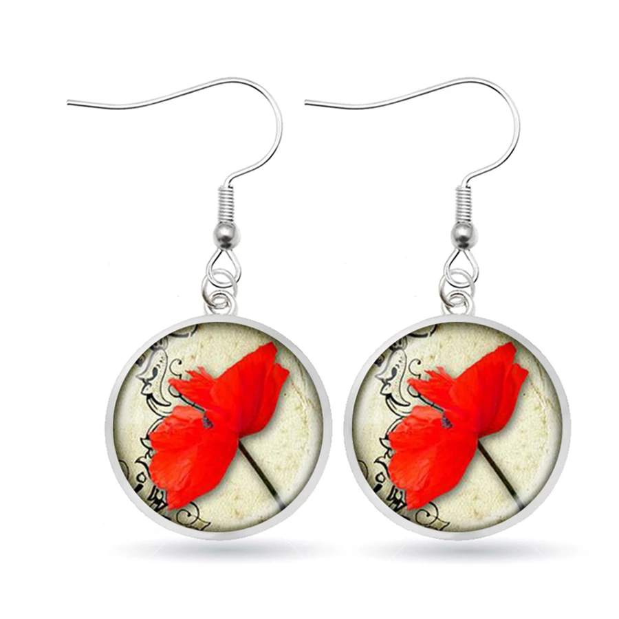 Серьги с красно-белым цветком Poppy сережки серьги ручной работы из стекла для
