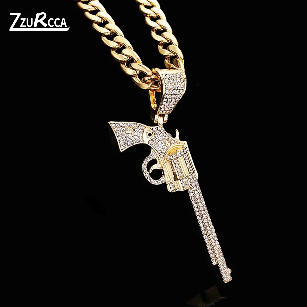 

Hip Hop Iced Out Pistol Pendant Man Gold Link Chain Crystal Necklaces for Women Charms colar masculino collares para mujer