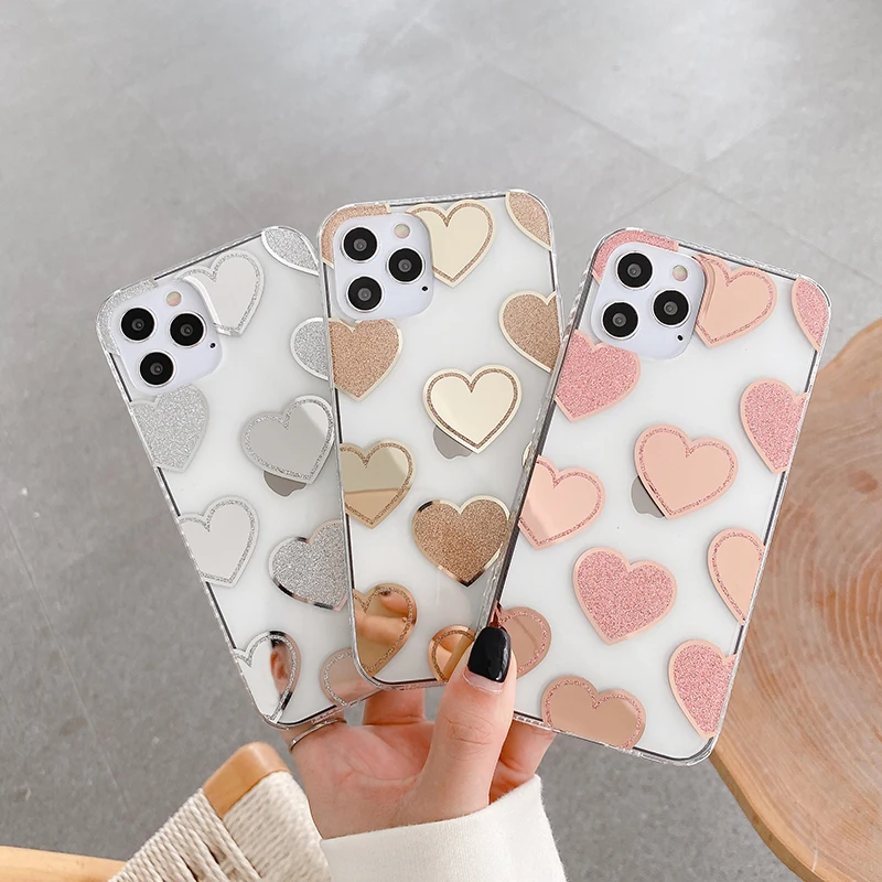 

Plating Love Heart Phone Case For iPhone 12 Mini 11 Pro Max X XR XS Max 7 8 Plus Soft Bumper Transparent Back Cover