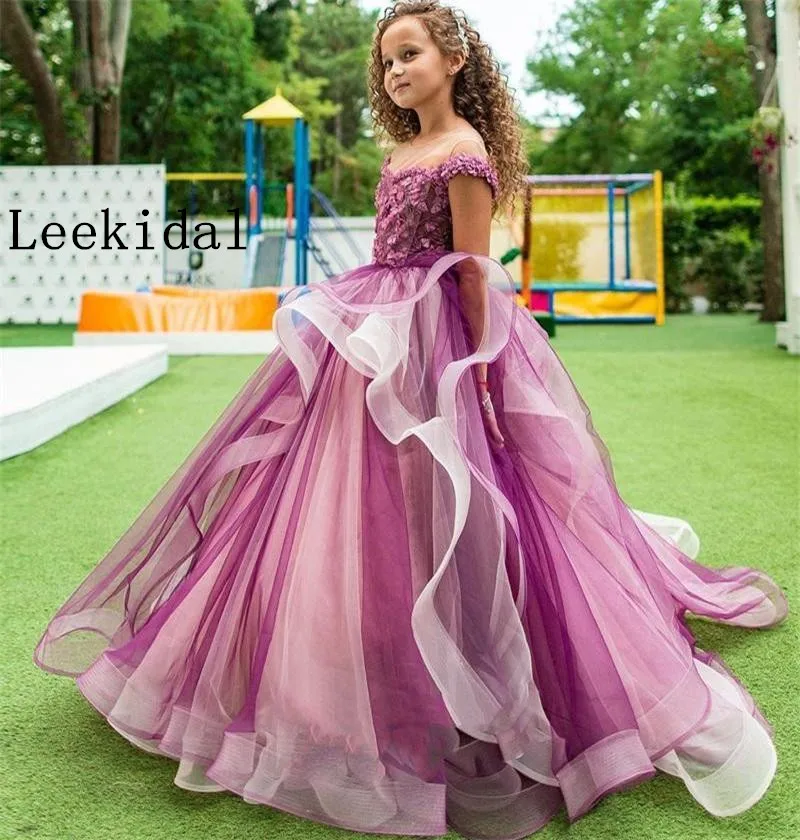 

Fuchsia Tiered Tulle Flower Girl Dress Jewel Sheer Neck Sleeveless Appliqued Lace Beaded Pageant Dresses Puffy Birthday Gowns