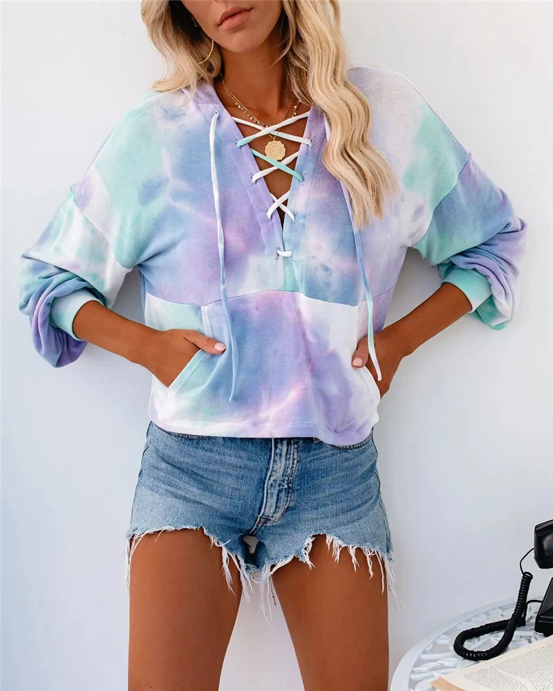 

Plus Size 3XL Women Tie Dye Hoodies Sweatshirt with Pockets Elegant Autumn Winter Pullover Top Ladies Loose Hooded Streetwear