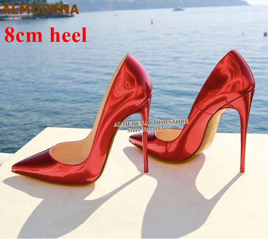 red 8cm heel ALMUDENA/женские туфли-лодочки с острым носком; цвет флуоресцентный, фиолетовый; Каблук 12 см; модельные туфли из лакированной кожи; блестящие свадебные туфли на каблуке - Цвет: red 8cm heel