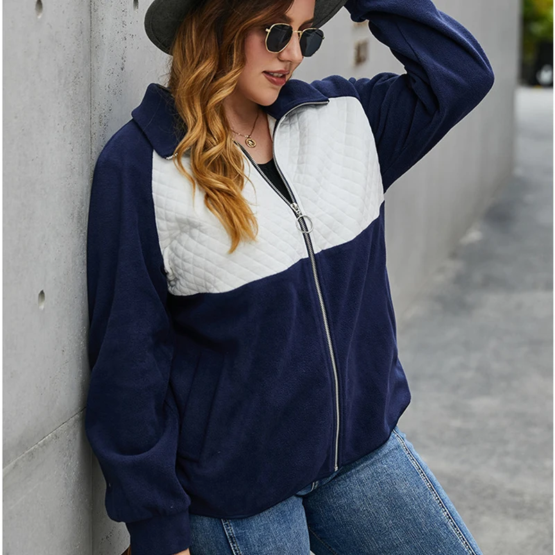 

2021 Winter Thick Warm Splicing Coat Woman Lapel Long Sleeve Polar Fleece Jackets Female Zipper Pockets Plus Size Overcoat