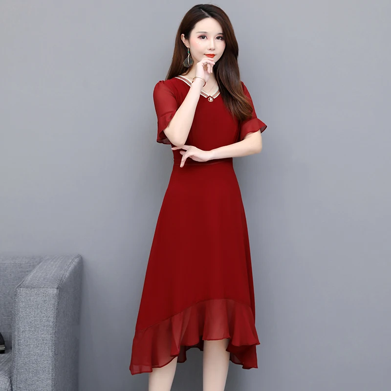 

COIGARSAM 3XL Plus Size Short Sleeve Women dress New Summer Chiffon High Waist Dresses Red Black 8886